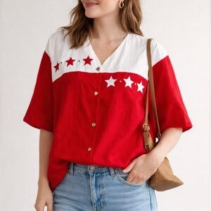 BonWorth Vintage Star Western Blouse Red White Size Large Nashville Cowgirl Vibe
